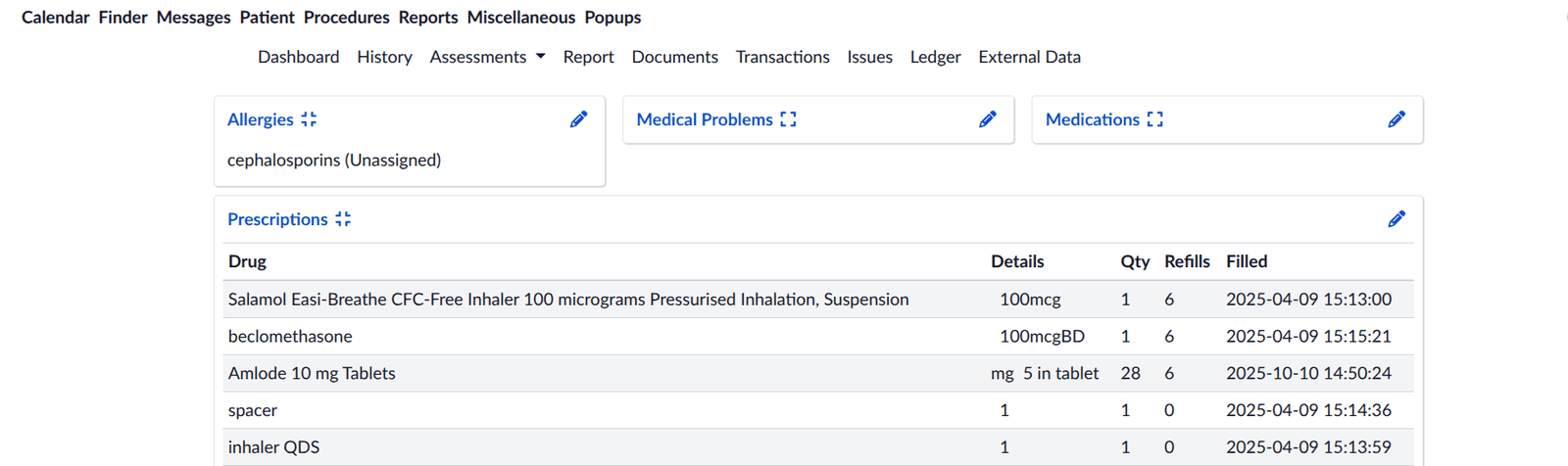 OpenEMR medical record dashboard showing allergies, medical problems, medications and a prescriptions table.