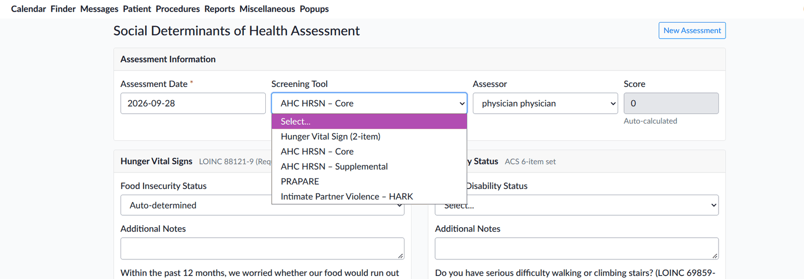 OpenEMR social determinants of health assessment, with a screening tool menu open showing Hunger Vital Sign, AHC HRSN Core and Supplemental, PRAPARE, and Intimate Partner Violence HARK.